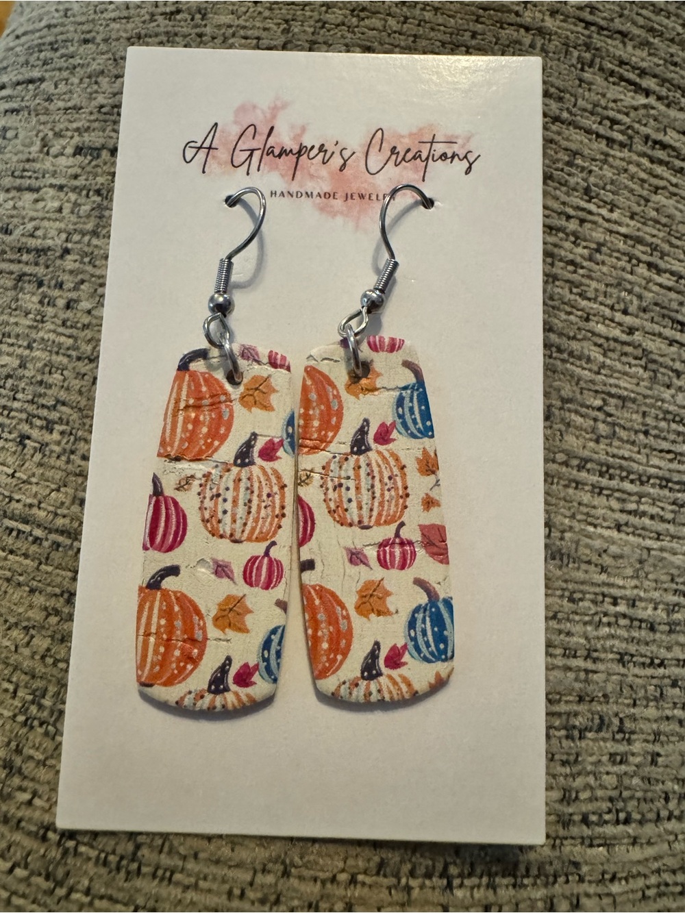 Handmade Pumpkin Print Dangle Earrings - Multicolor Autumn Motif